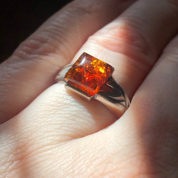 Vintage stamped silver ring amber square cabochon glows sz 7.25 boho - Picture 8 of 13
